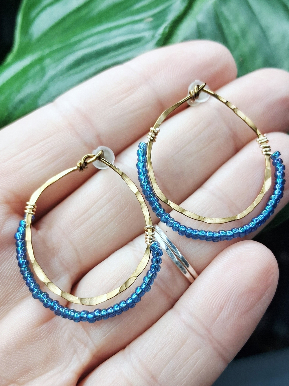 Hammered Bronze Stud Hoop Earrings with Blue Seed Bead Trim